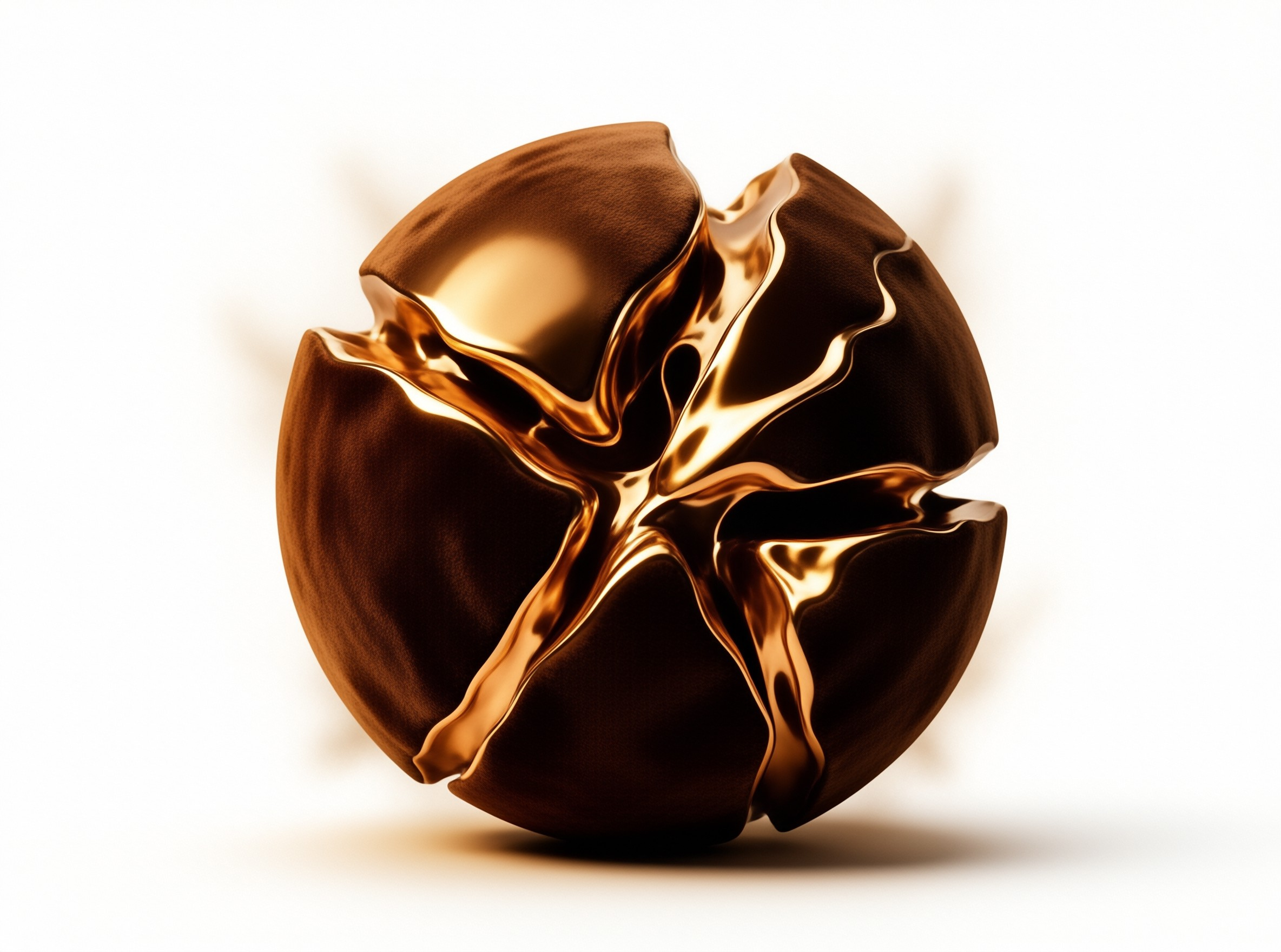 A shiny golden abstract structure hovers above a bright void with soft shadows cast below.
