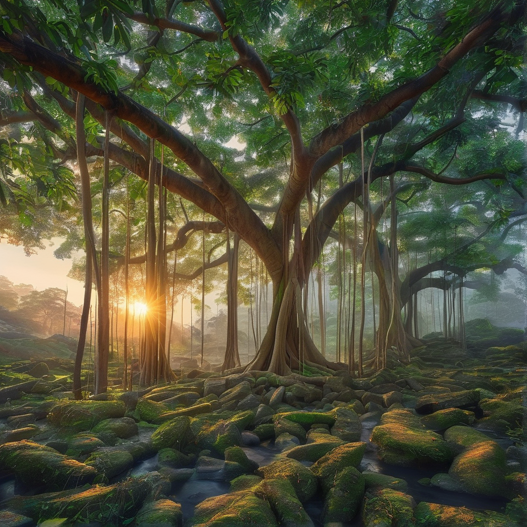 Sunlit Forest Giant Tree