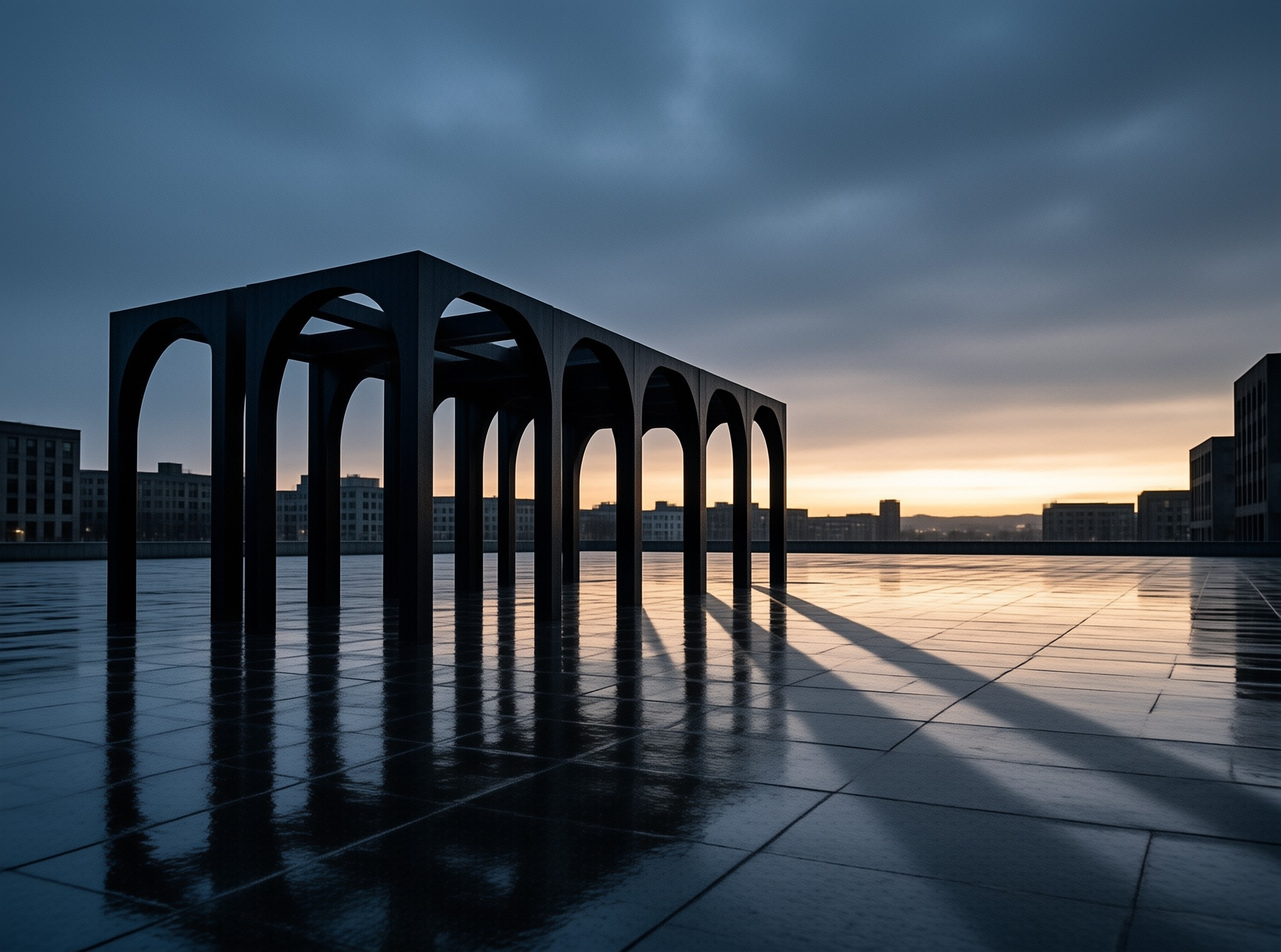 Dark arched colonnade on wet plaza, long shadow stretches across glossy ground to the warm orange dusk horizon.