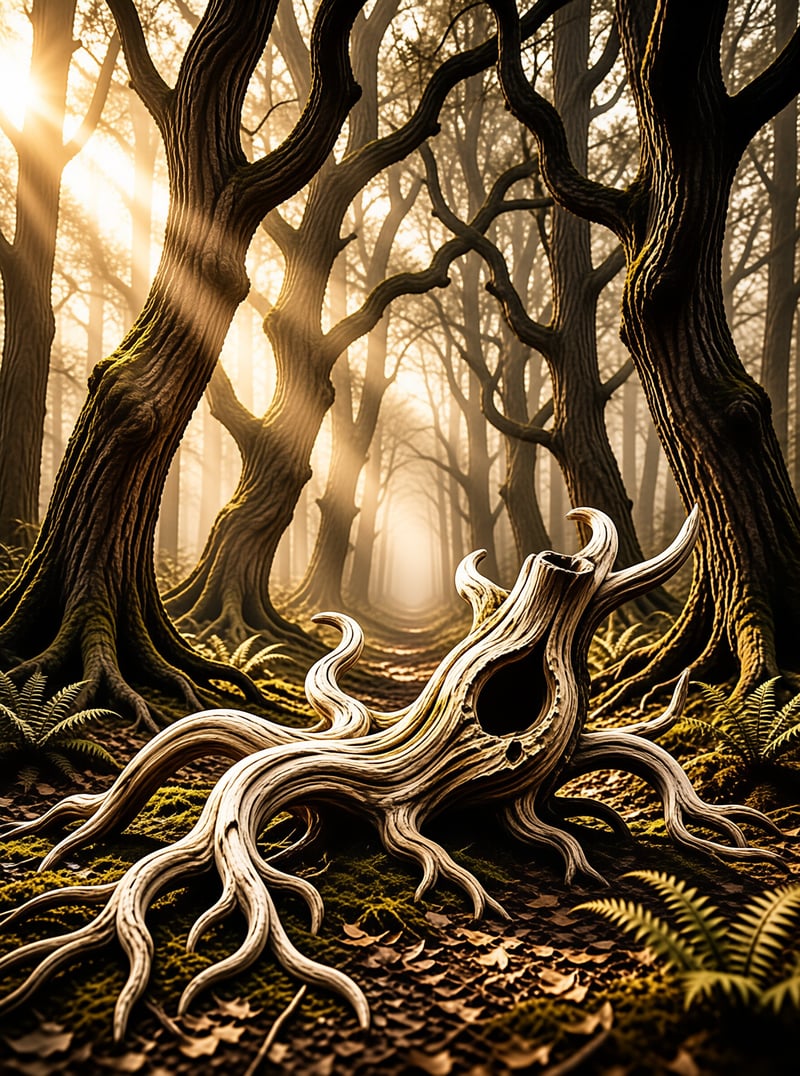 Twisted pale wood stumps rest on mossy fern dotted forest ground as soft sunbeams cut through the hazy tall tree canopy ahead.