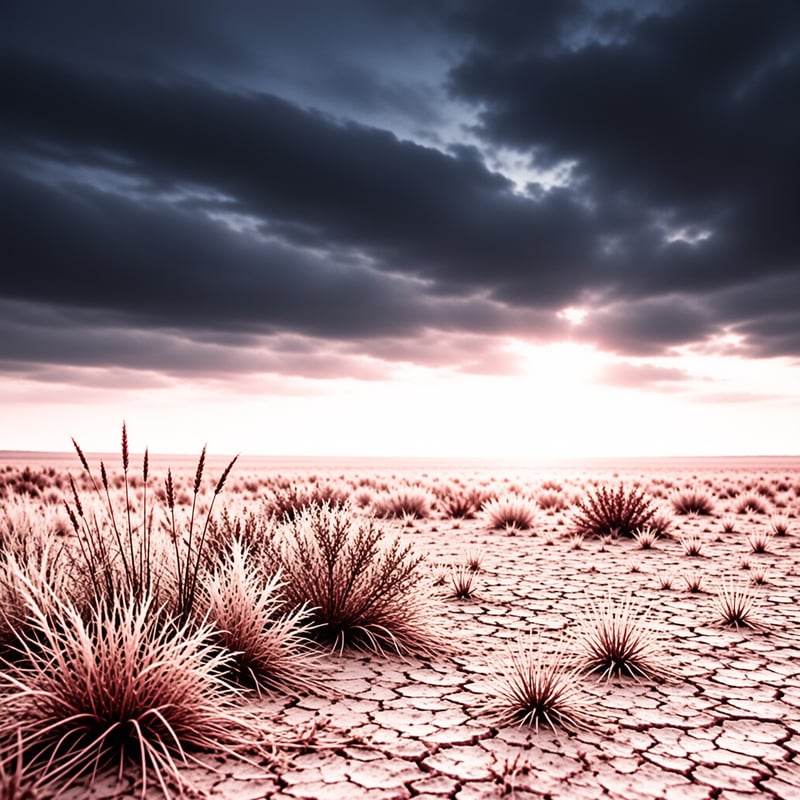 Dry vegetation scattered across parched soil beneath a dramatic sky filled with heavy grey clouds and a bright horizon.