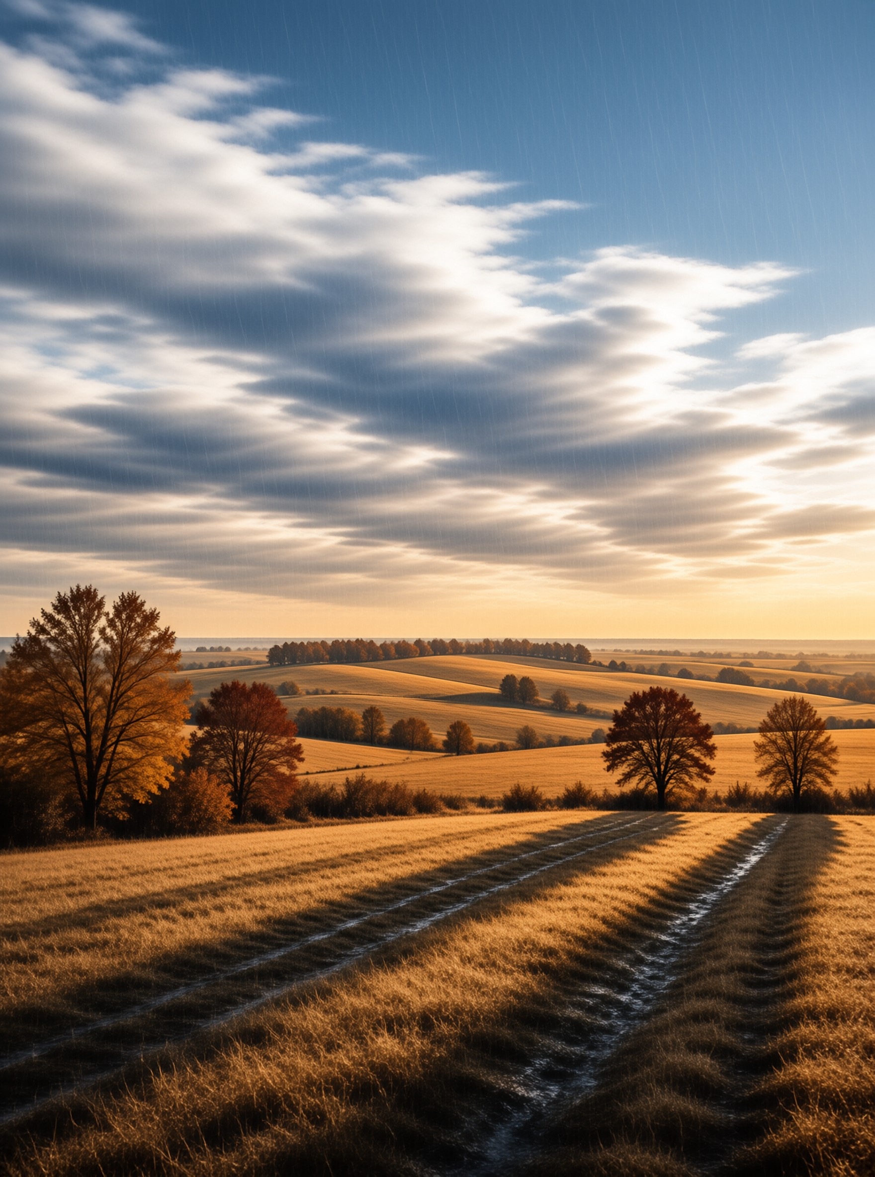Scattered trees stand amidst rolling grasslands illuminated by low angle sunlight casting long shadows.