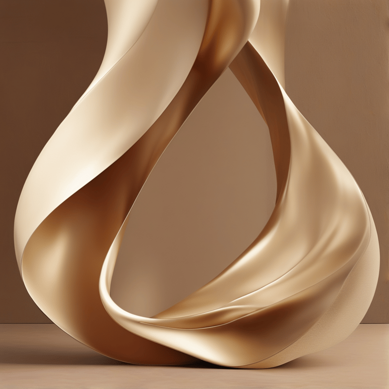 A smooth metallic abstract sculpture with flowing curved forms rests on a light wood surface against a warm neutral brown background, lit by soft lighting that highlights its glossy golden finish.