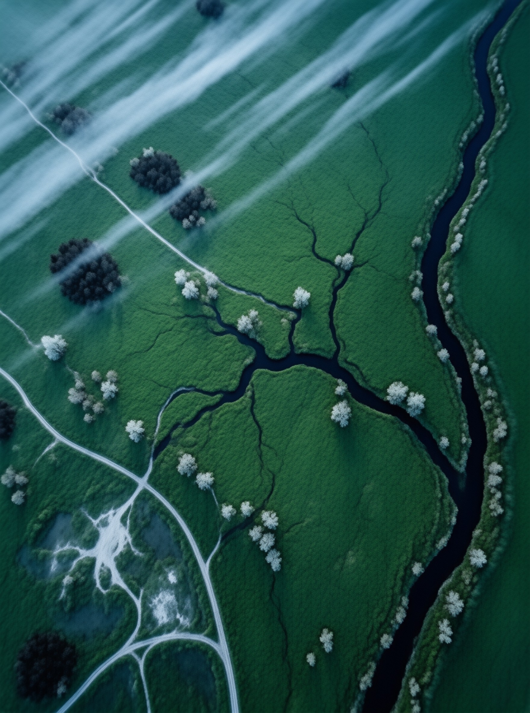 Aerial shot of a dark river curving through green land scattered with trees and diagonal white fog.
