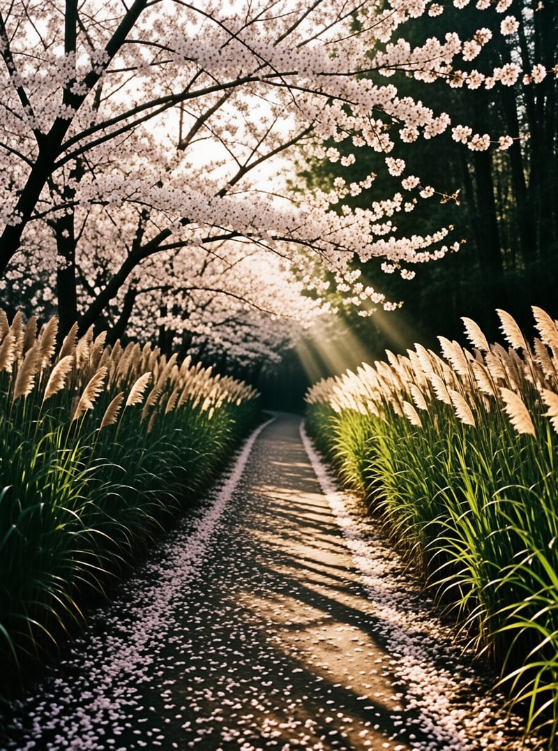 Winding path beneath blooming cherry blossoms and tall grasses lit by sunbeams with scattered petals on the ground