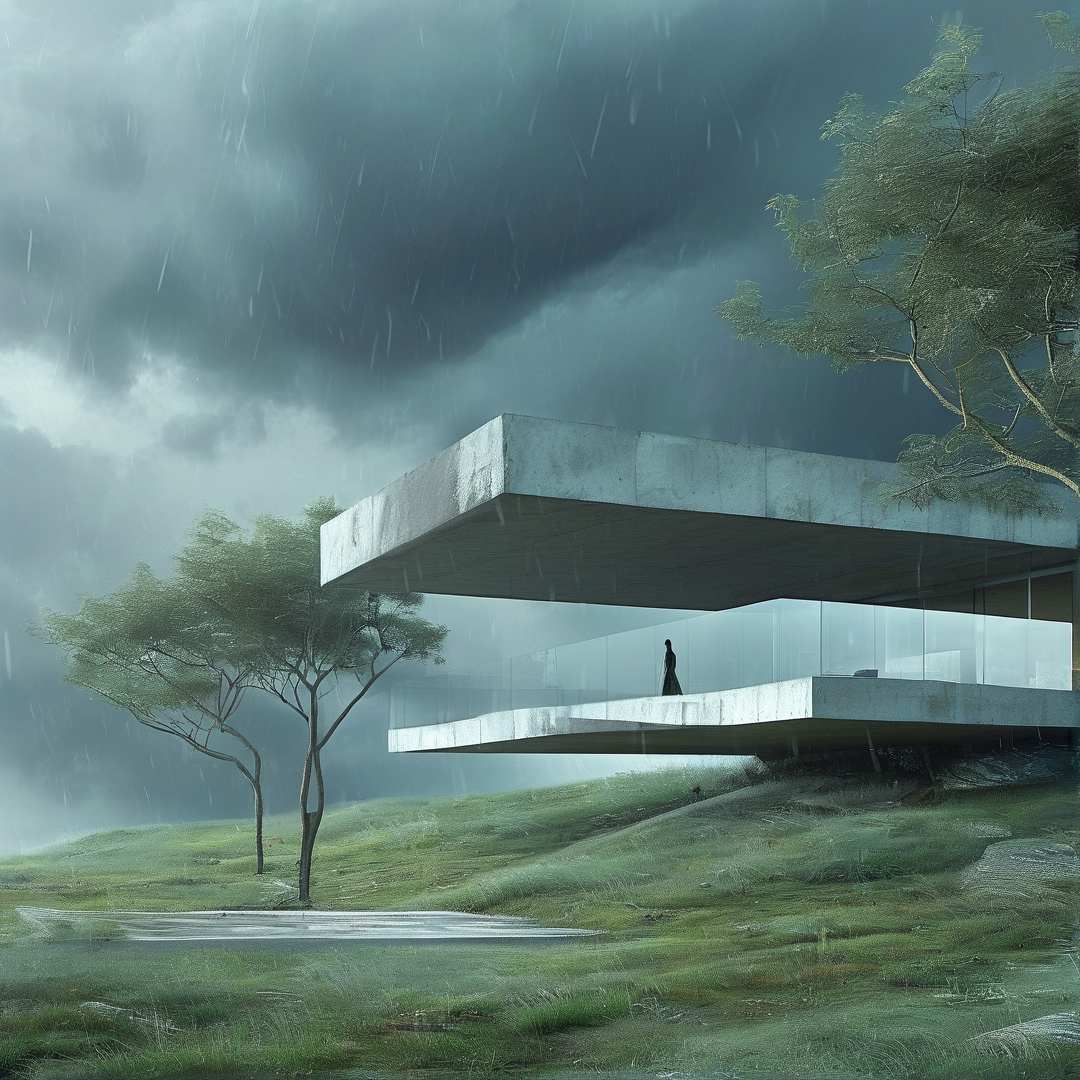 A solitary figure stands on the glass balcony railing of a cantilevered concrete home during a heavy rainstorm.