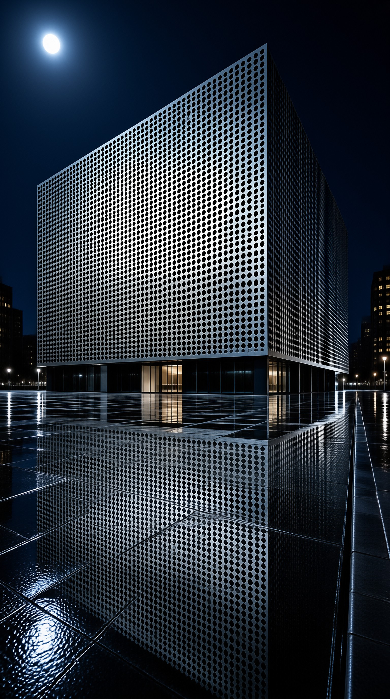 A perforated metal building stands on a wet plaza at night with its reflection visible in the water.