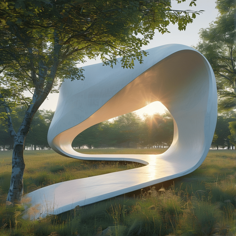 A flowing white curved sculpture sits in a misty tree lined meadow, with sun shining through its central hollow