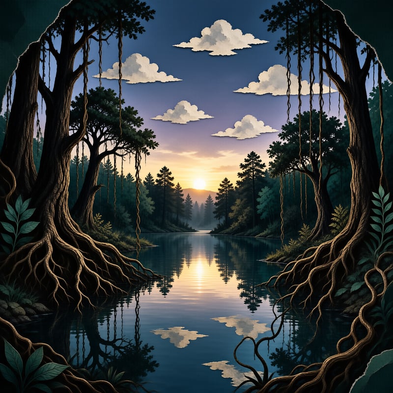 A calm river reflects the setting sun through a forest gap framed by large, twisting tree roots and hanging vines.
