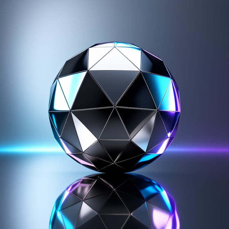 A dark faceted geometric ball sits on a reflective surface under blue and purple illumination.