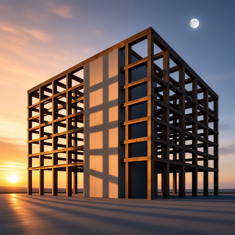 An exposed wooden structure stands alone on a smooth surface while the sun sets and the moon rises.