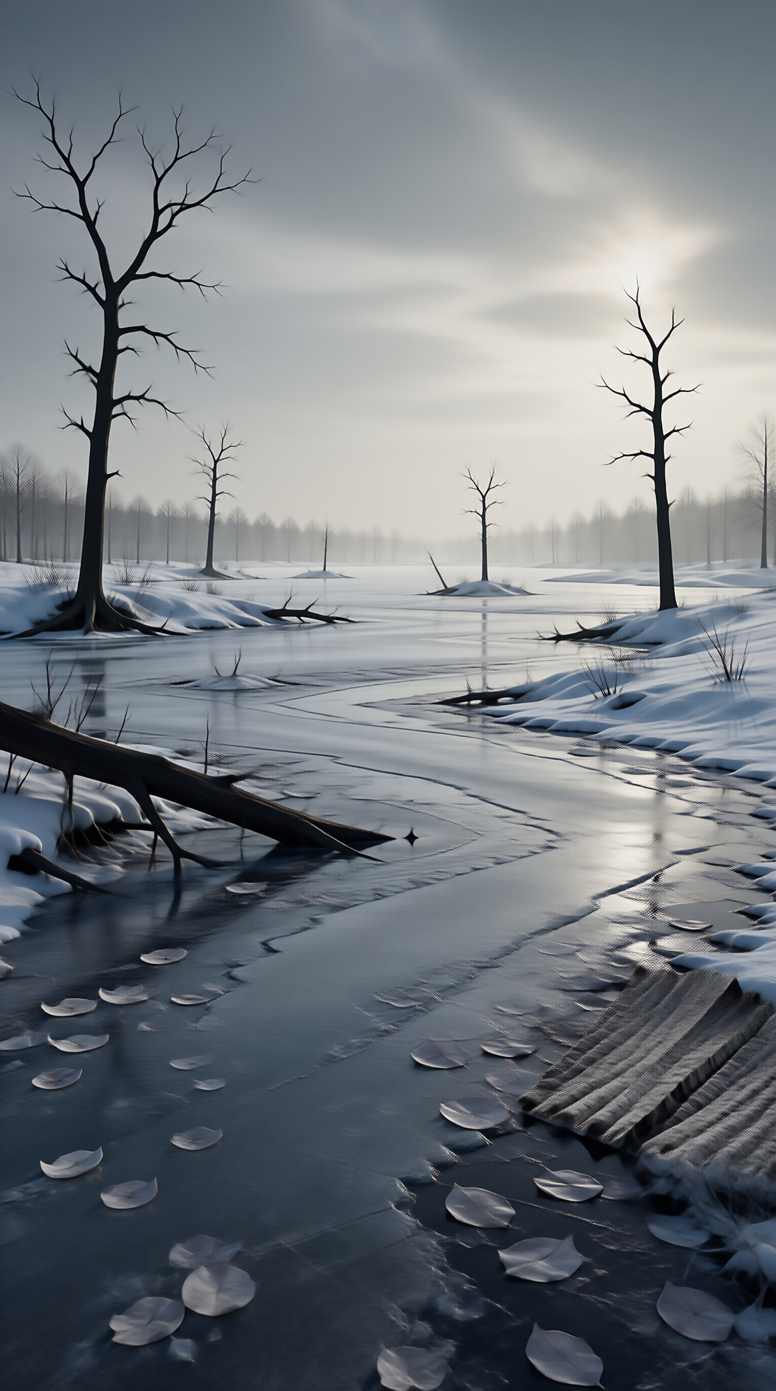 Frozen River with Bare Trees