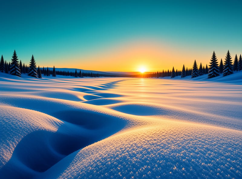 Wind-carved snow drifts ripple toward a setting sun, edged by frosted spruce trees under a clear teal winter sky.