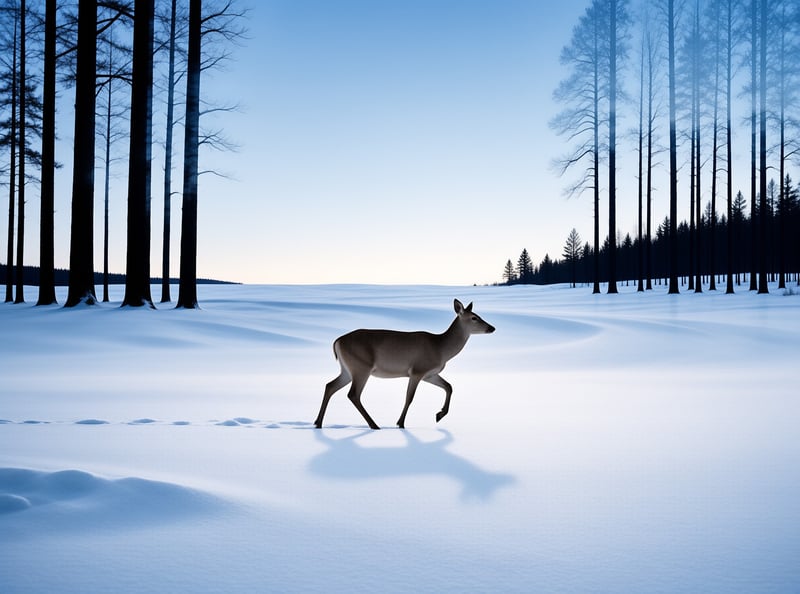 A lone deer strides across deep blue snow between tall dark pine trunks at winter dusk.