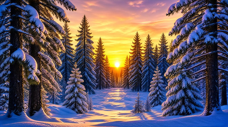 Snowy Pine Forest at Sunset