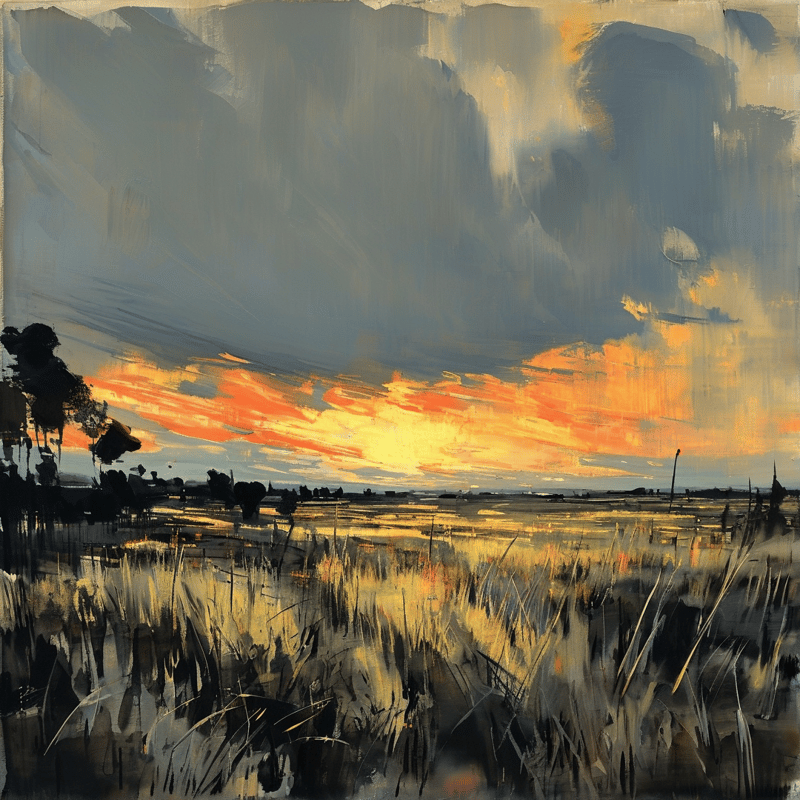 A painterly landscape with tall grasses in the foreground against a horizon glowing orange beneath heavy dark clouds.