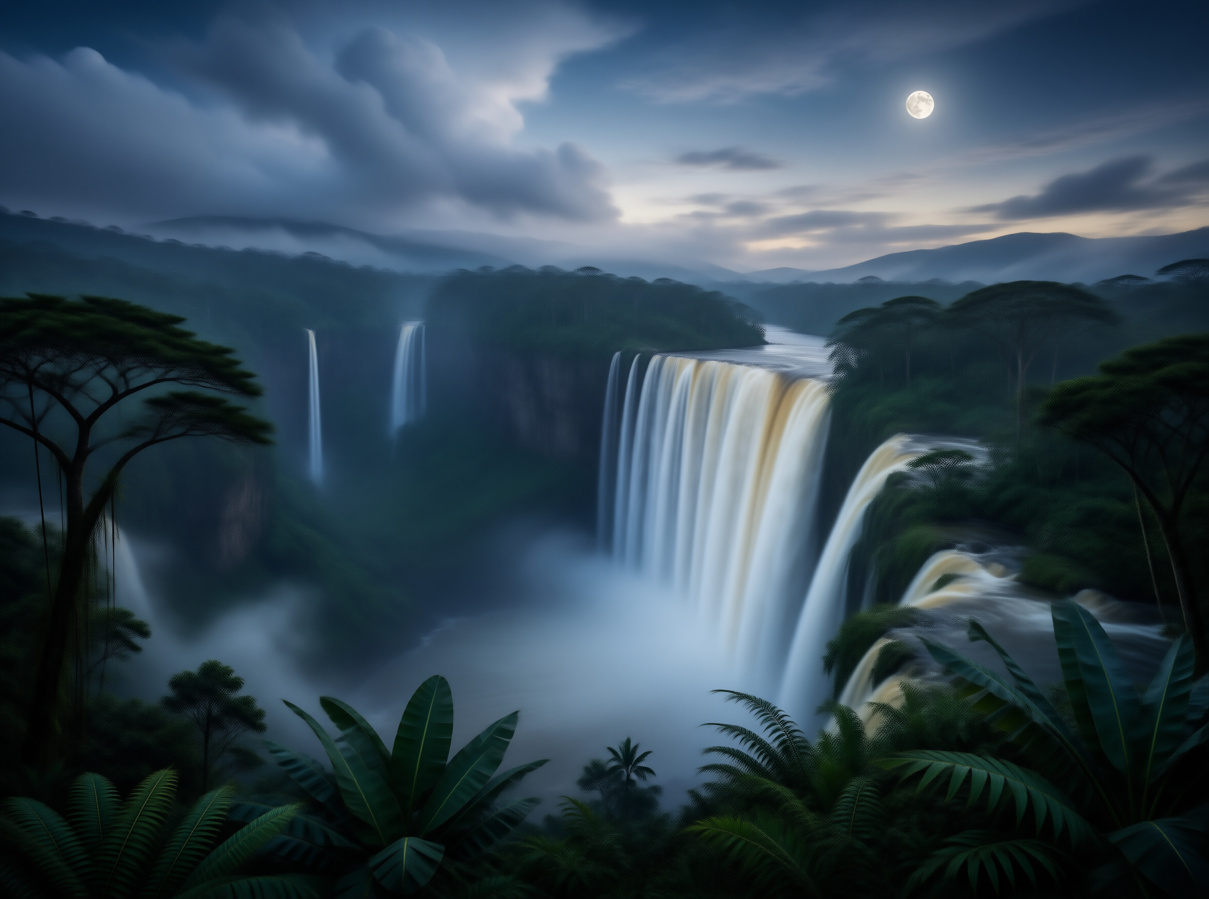 Moonlit Waterfall Landscape