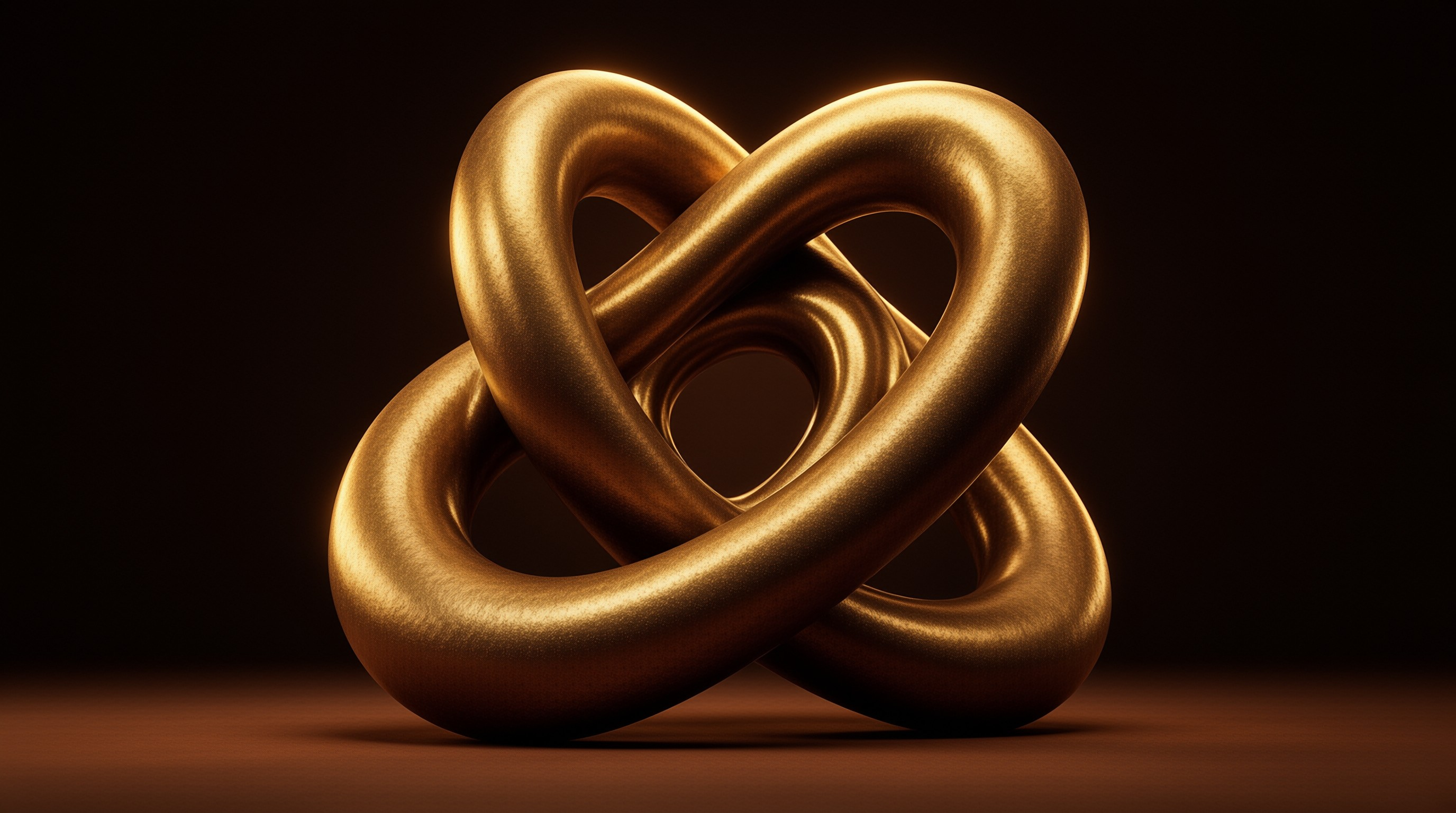 A twisted gold shape rests on a brown surface against a black background with strong lighting highlighting its curves.