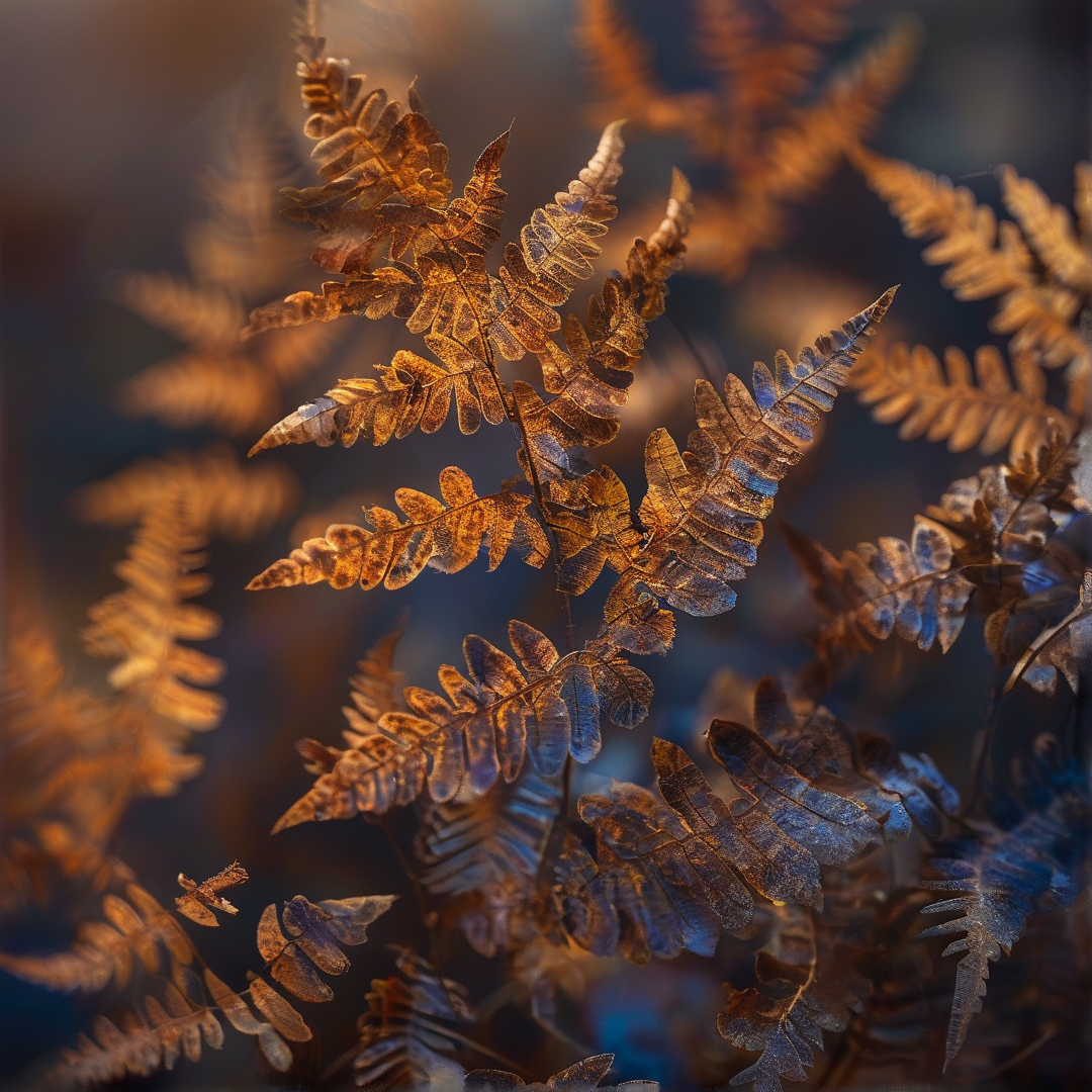 Copper and amber fern fronds fade into soft blue fog with frosty edges catching the first autumn light.