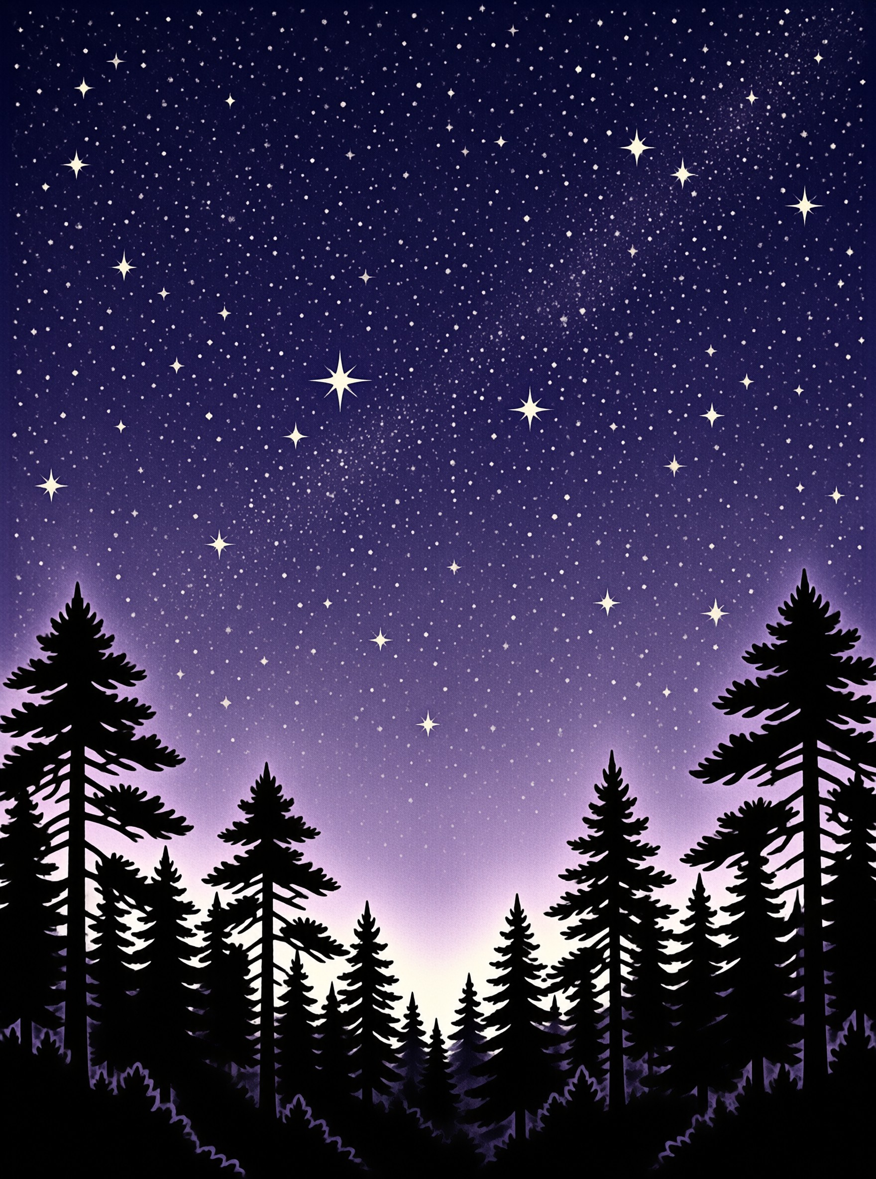 Silhouettes of evergreen trees line the bottom of a deep purple sky scattered with white stars.