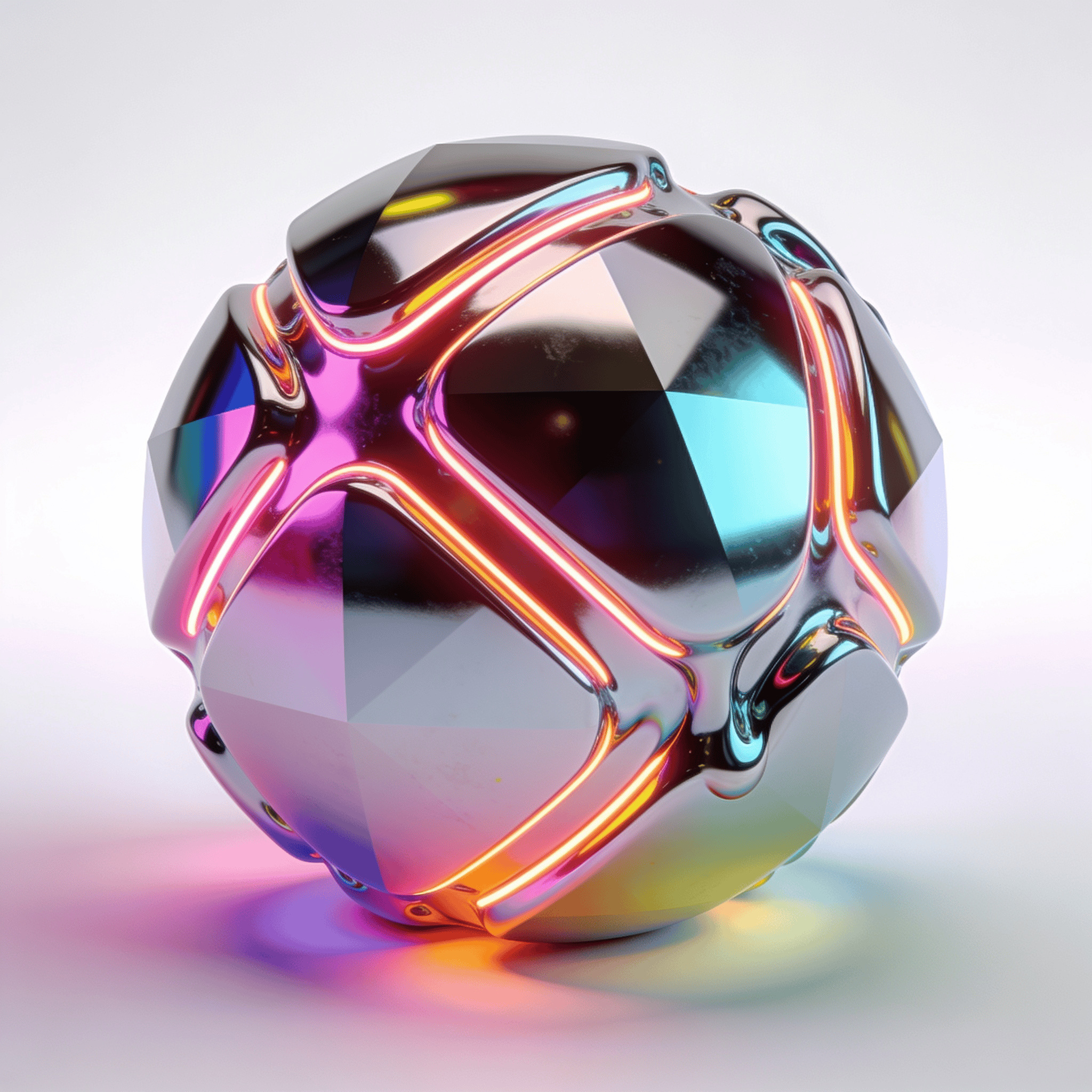 Liquid Chrome, Neon-Lit Geometric Sphere