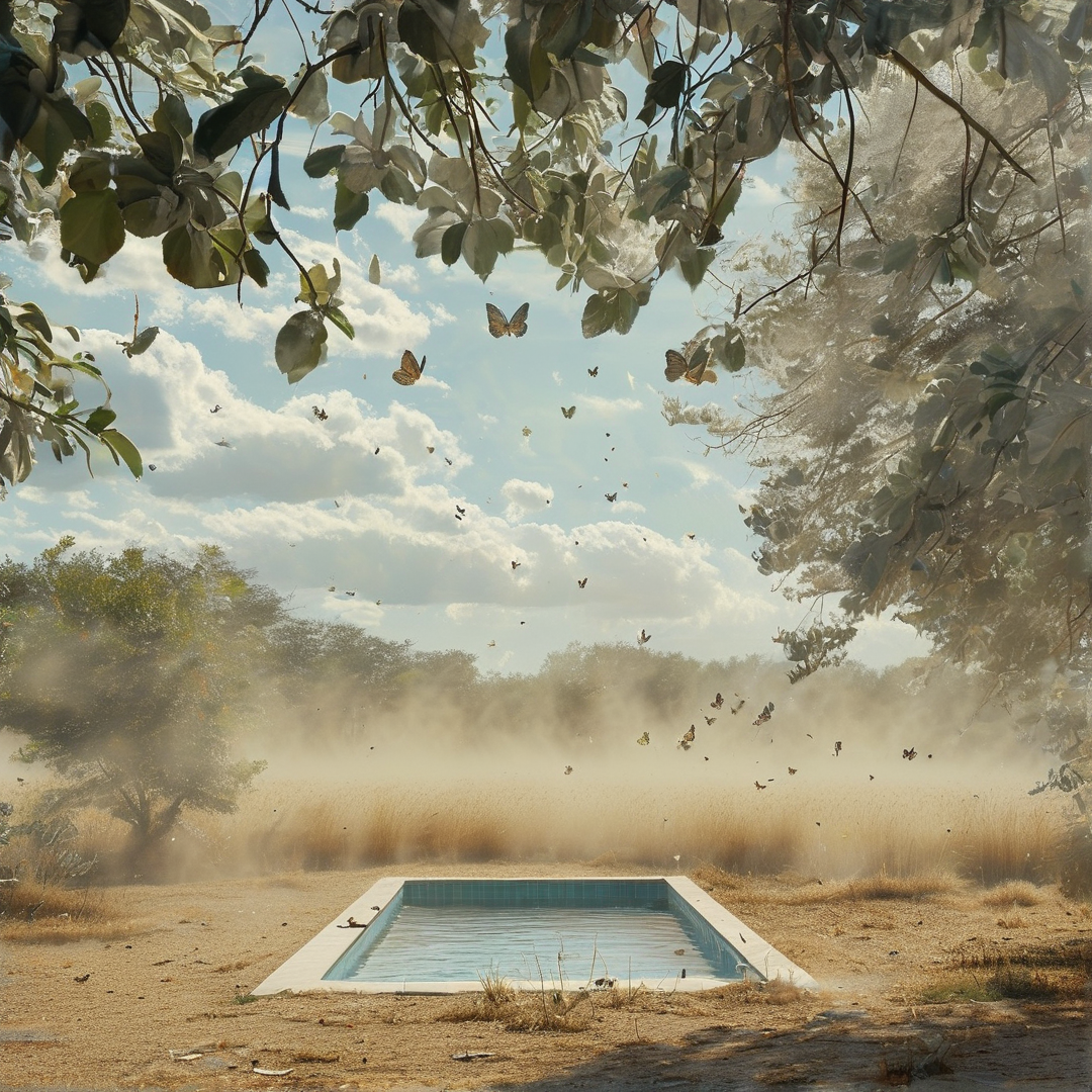 A rectangular pool rests in dry grass framed by trees with butterflies flying in the bright haze.