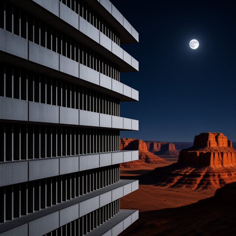 Geometric concrete building on the left with a full moon over distant orange rock formations.