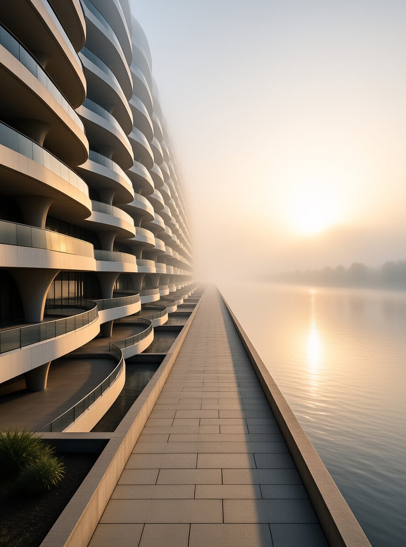 Stacked cream balconies curve along a calm river as low morning sun glows through drifting fog.