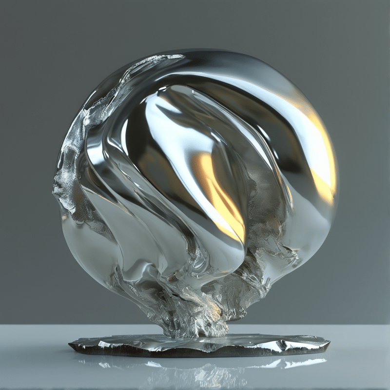 A rippled metallic sphere rests on a glossy silver base reflecting warm golden light against a plain gray background