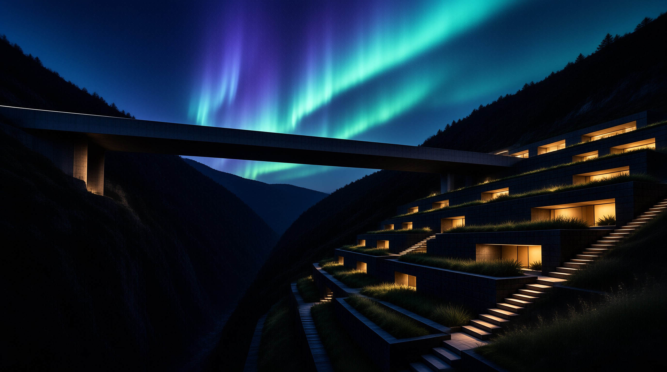 Hillside Resort Under Aurora