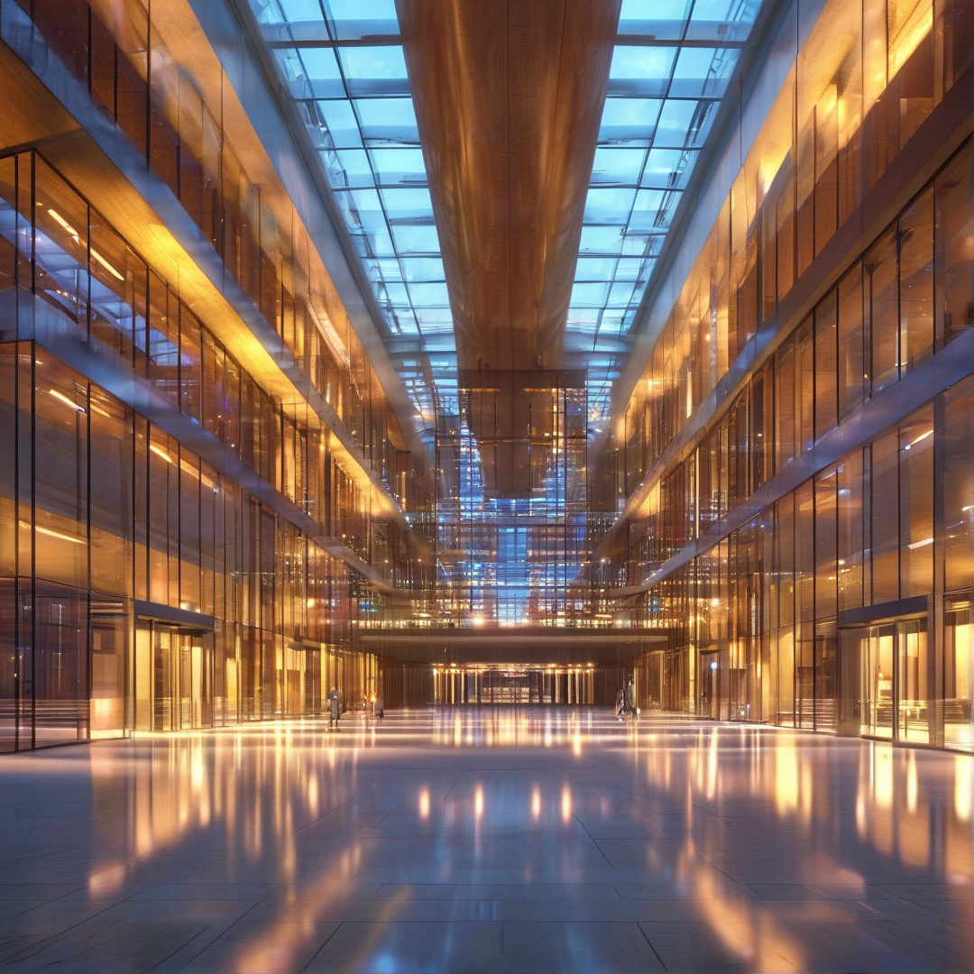 Spacious interior with tall glass walls, a central skylight, and warm lighting reflecting on the floor.