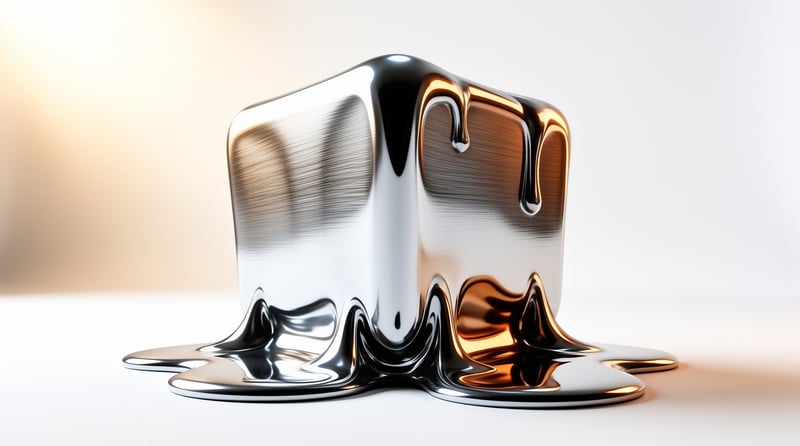 A polished metal cube melts at its base into a glossy silver pool that reflects warm amber studio light