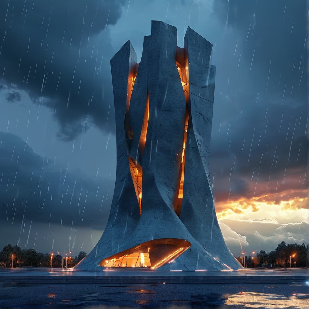 A tall organic concrete structure glows from within while heavy rain falls around a wet plaza at twilight.