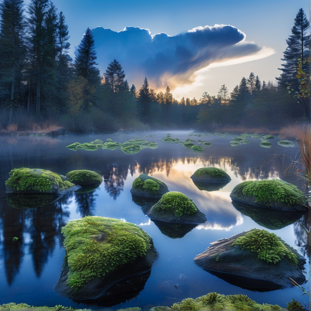 Mossy Rocks in Serene Lake