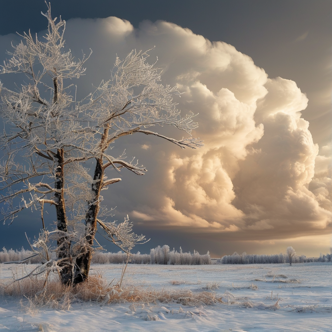Frosty Tree Under Clouds