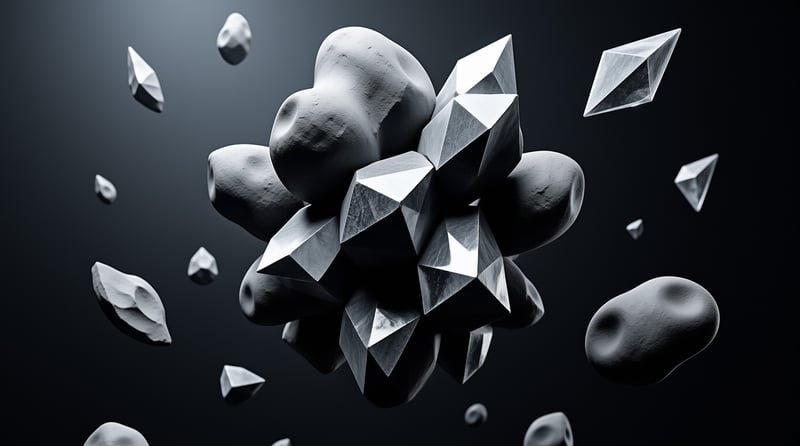 A grayscale composition displays shiny geometric crystals clustered with rounded smooth stones suspended in a dark void.