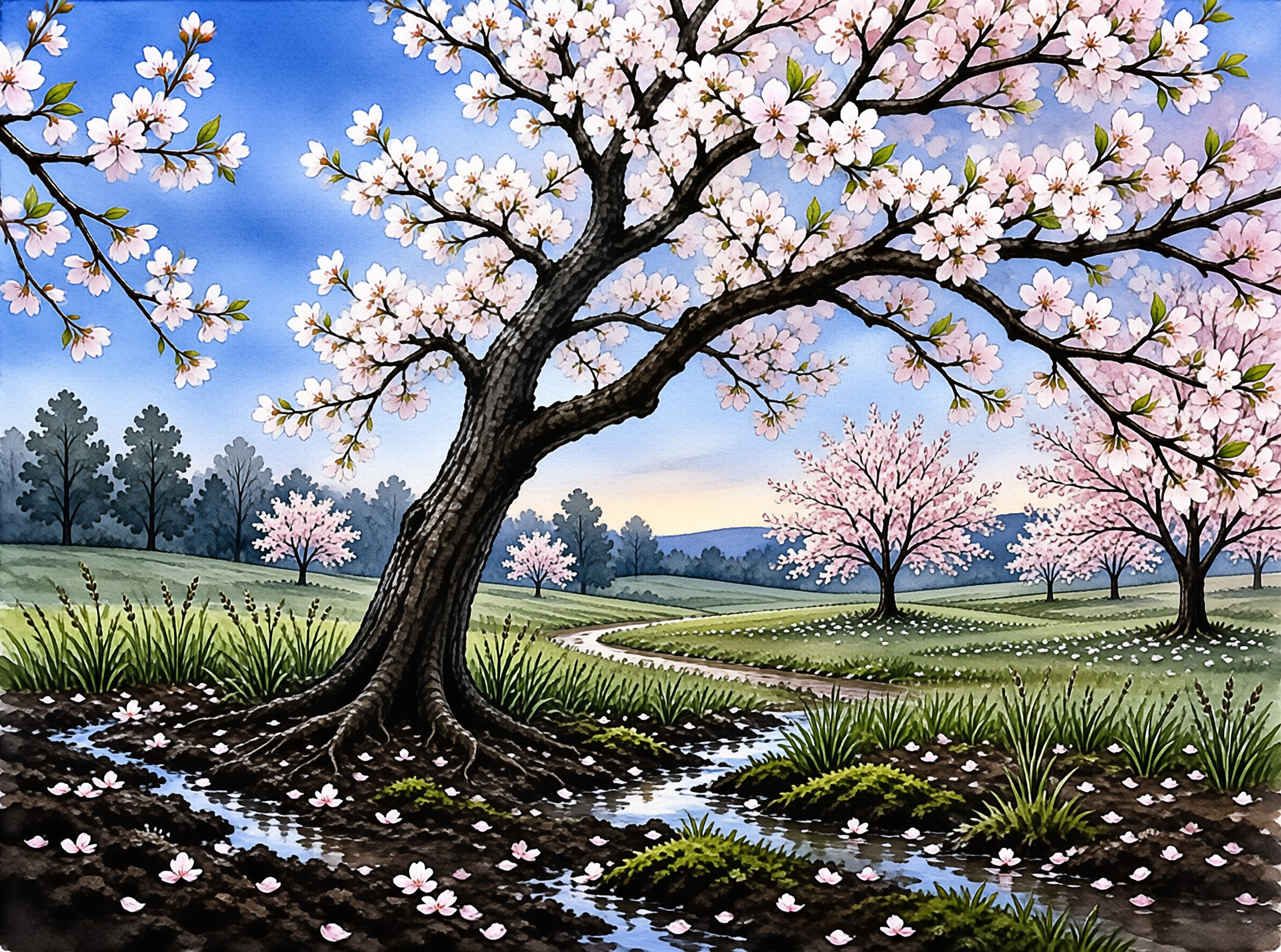 A large flowering tree with dark bark and pink blossoms dominates the foreground while a winding path cuts through the green grass towards distant hills and additional trees under a clear blue sky.