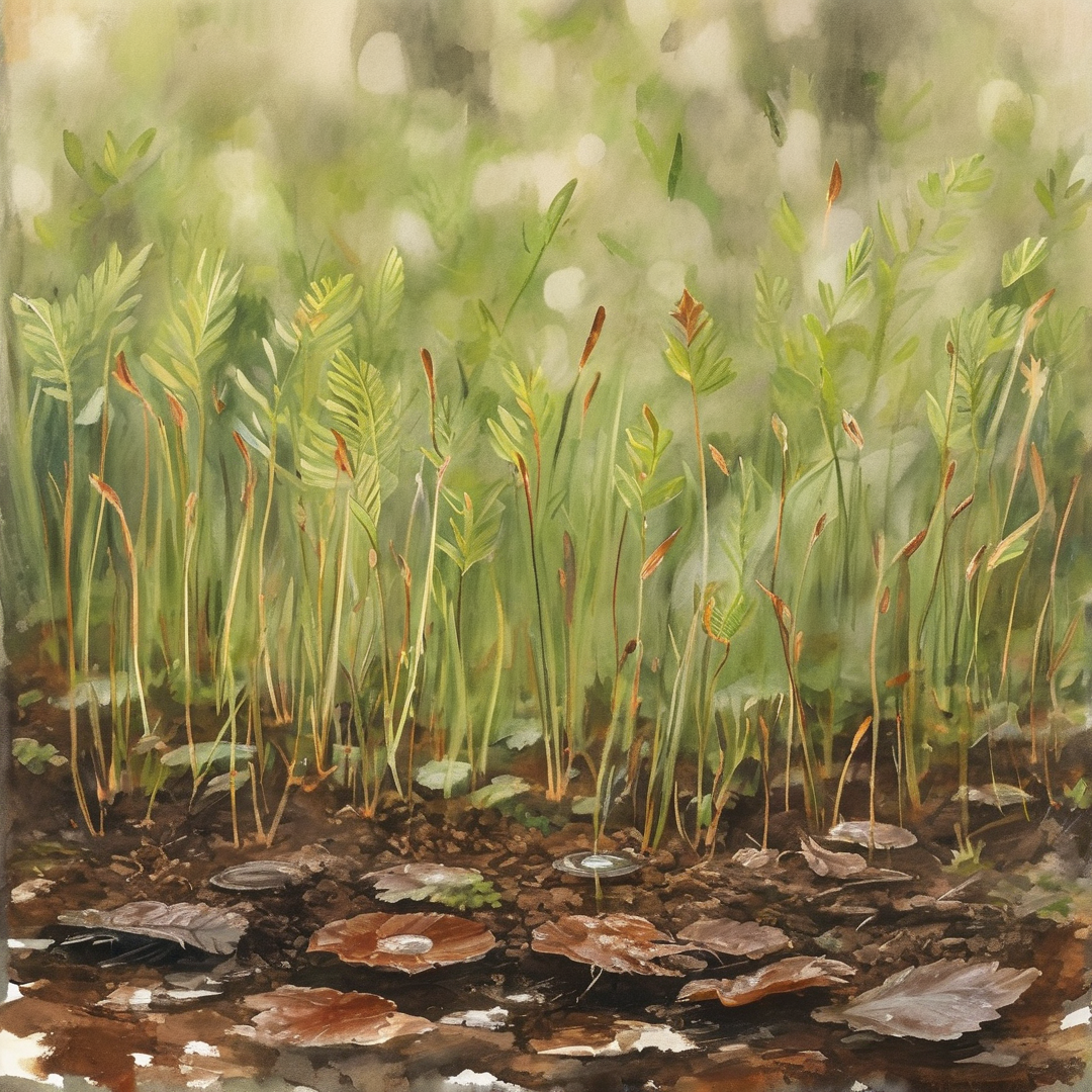 Watercolor of slender grasses rising from muddy earth with wet leaves reflecting light in the foreground.