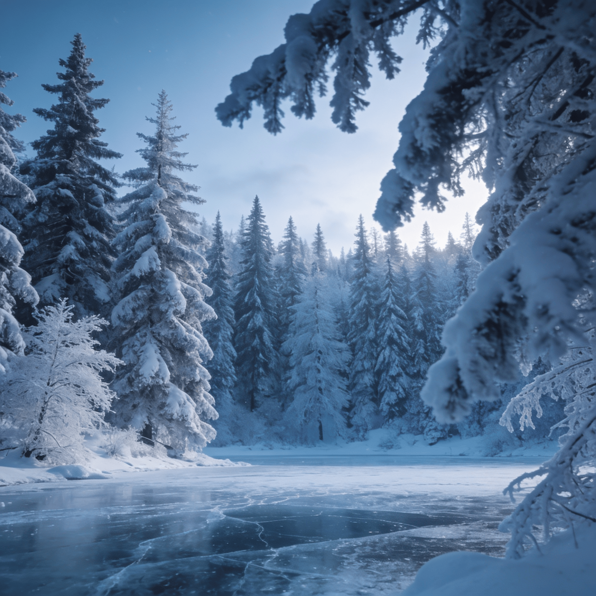 Snow-Covered Pines by a Frozen Lake
