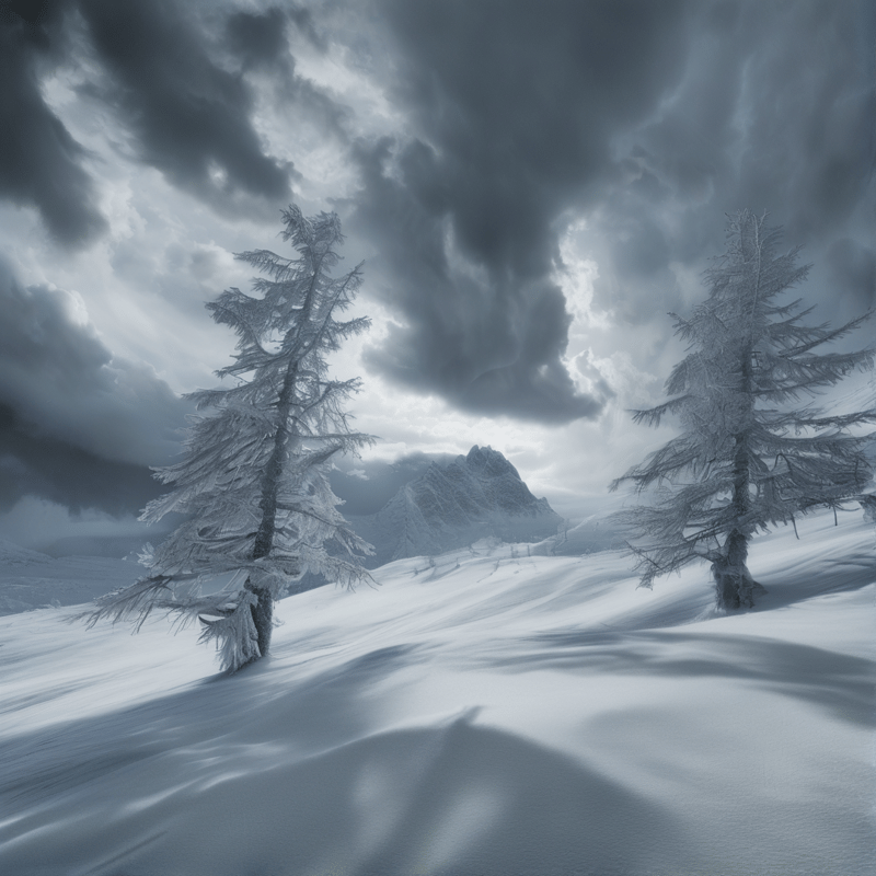 Two frozen evergreen trees stand on a white slope beneath a stormy sky with distant peaks.