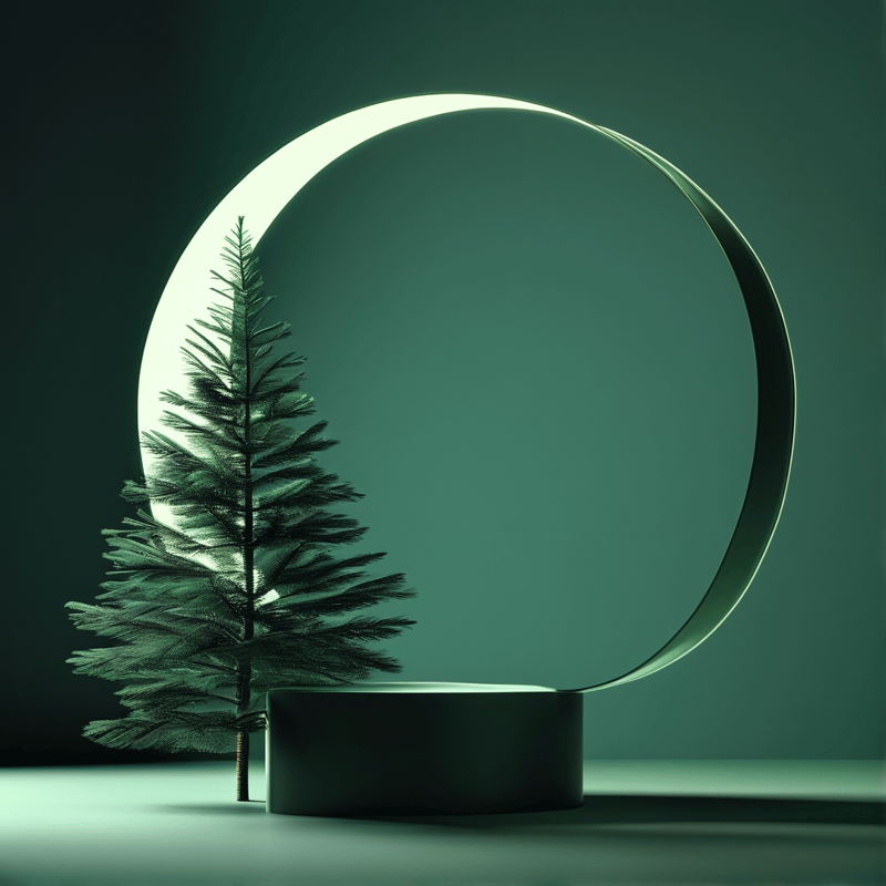 A small pine tree stands next to a large glowing ring supported by a dark cylindrical base against a solid teal background.
