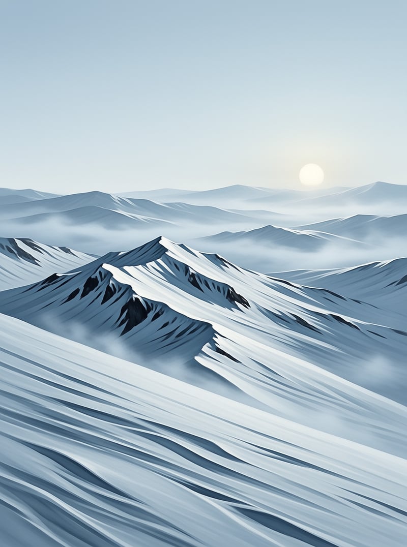 Snowy mountain ranges stretch toward a pale horizon with a low sun rising above peaks and mist filling the valleys.