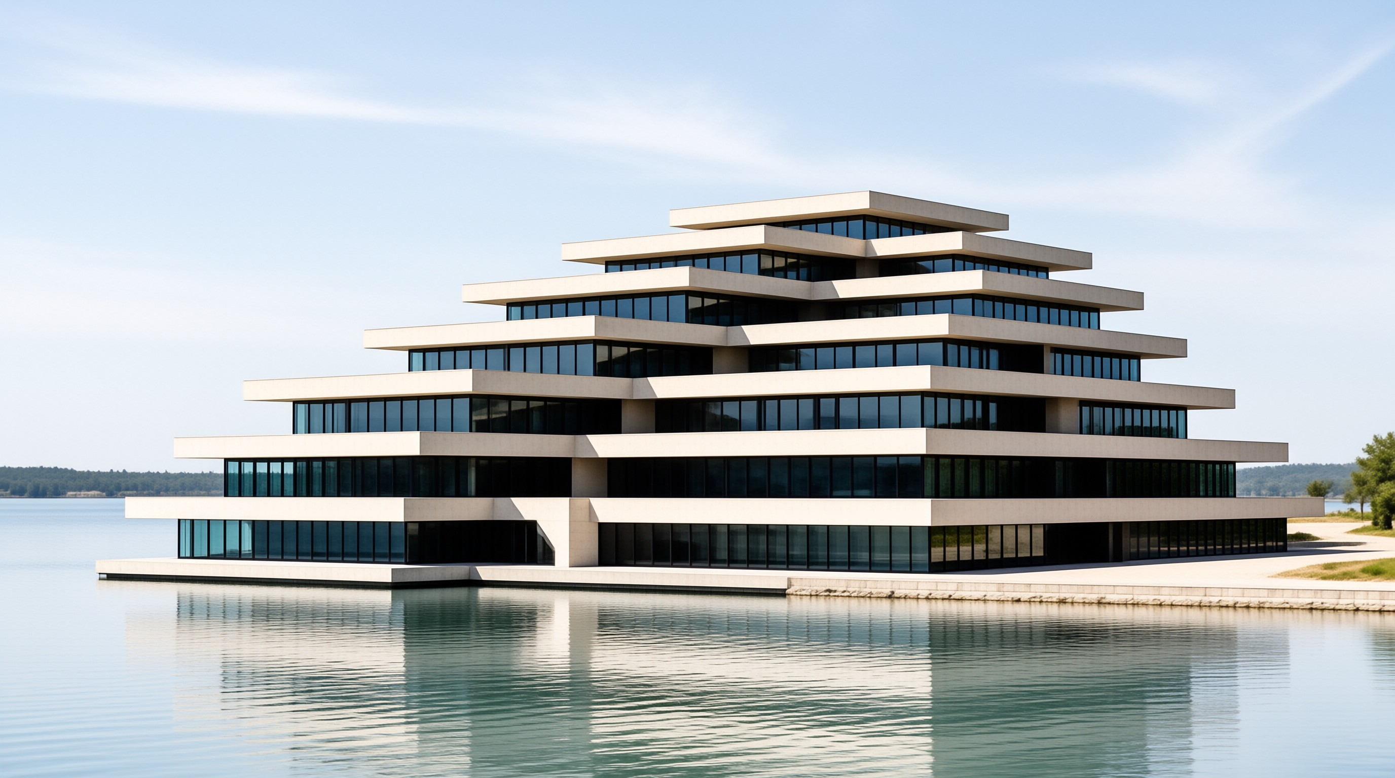 A tiered white concrete building with dark glass bands stands at the edge of a lake and mirrors on its surface