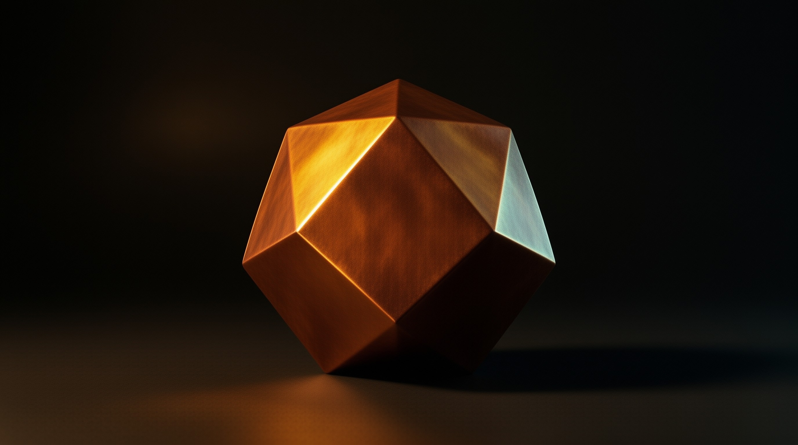 A copper dodecahedron rests on a dark surface, illuminated by a strong light source creating high contrast.