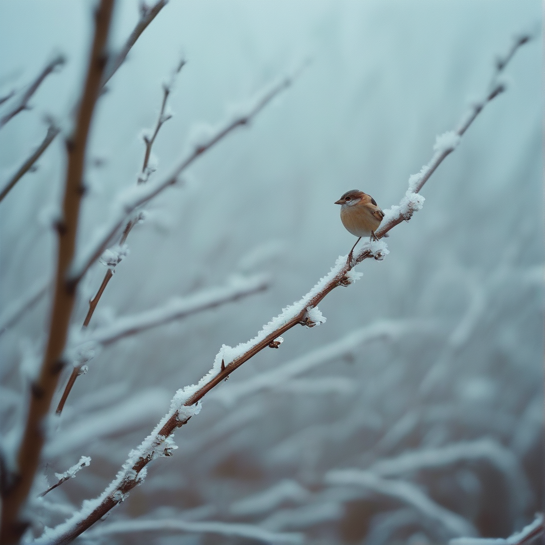 A tiny brown bird stands on a diagonal snowy twig against a blurred winter background.