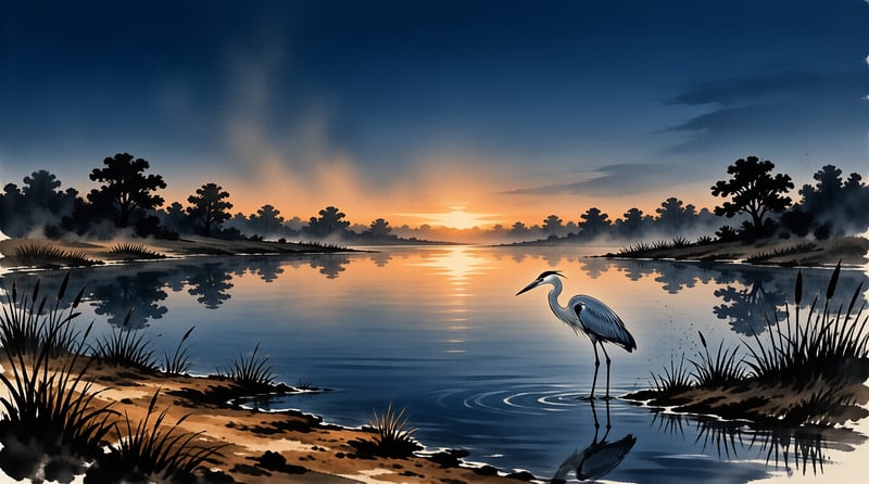 A grey heron stands in shallow water reflecting the orange sky as mist rises from the distant tree line.