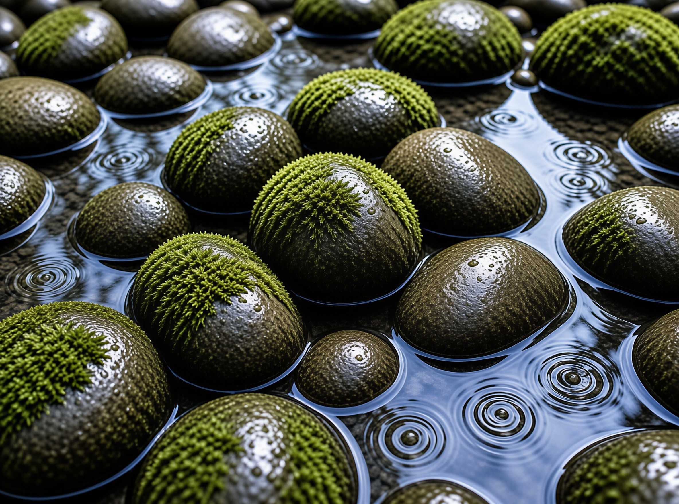 Mossy Stones in Water Ripples