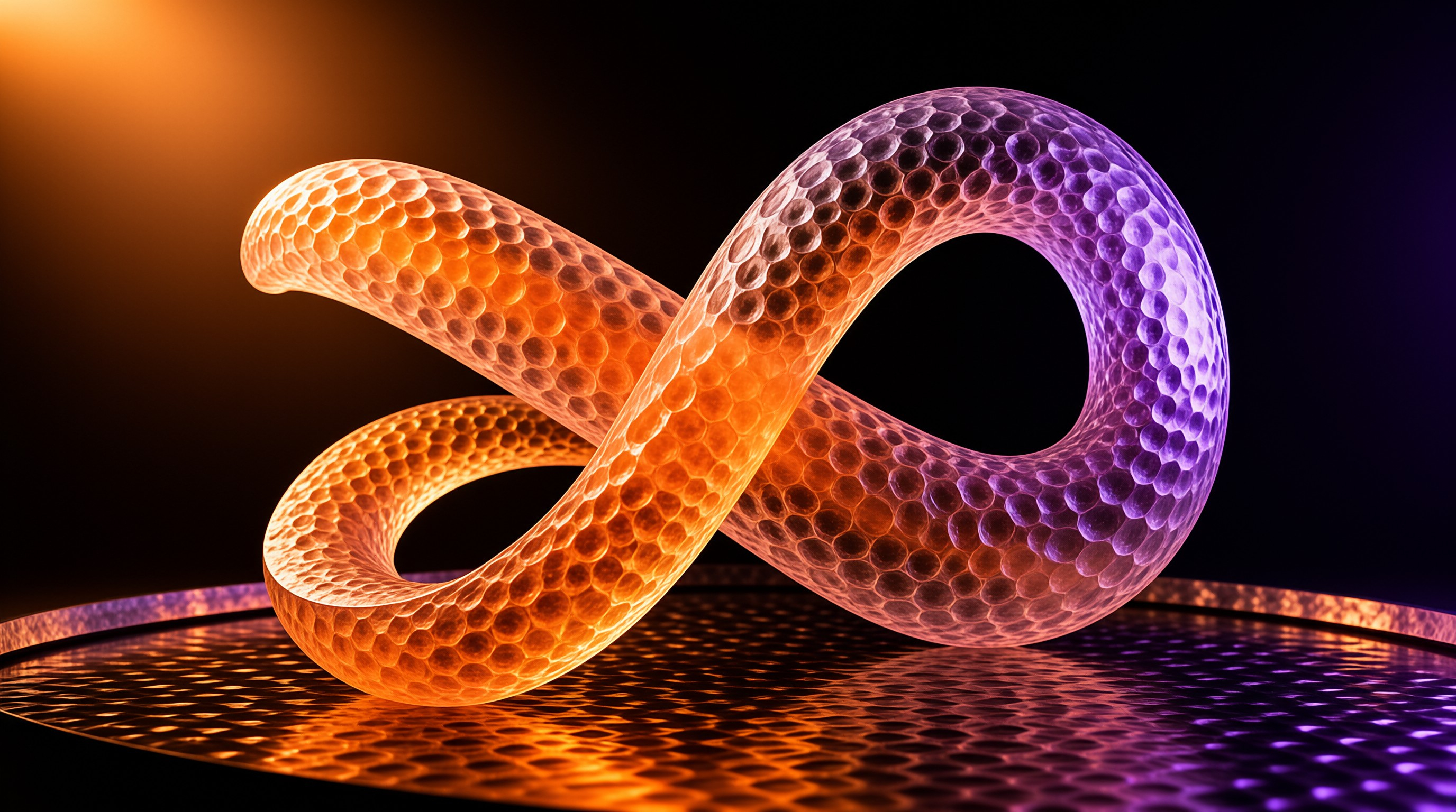 A twisted honeycomb ribbon forms an infinity loop glowing orange and purple above a reflective dark floor.