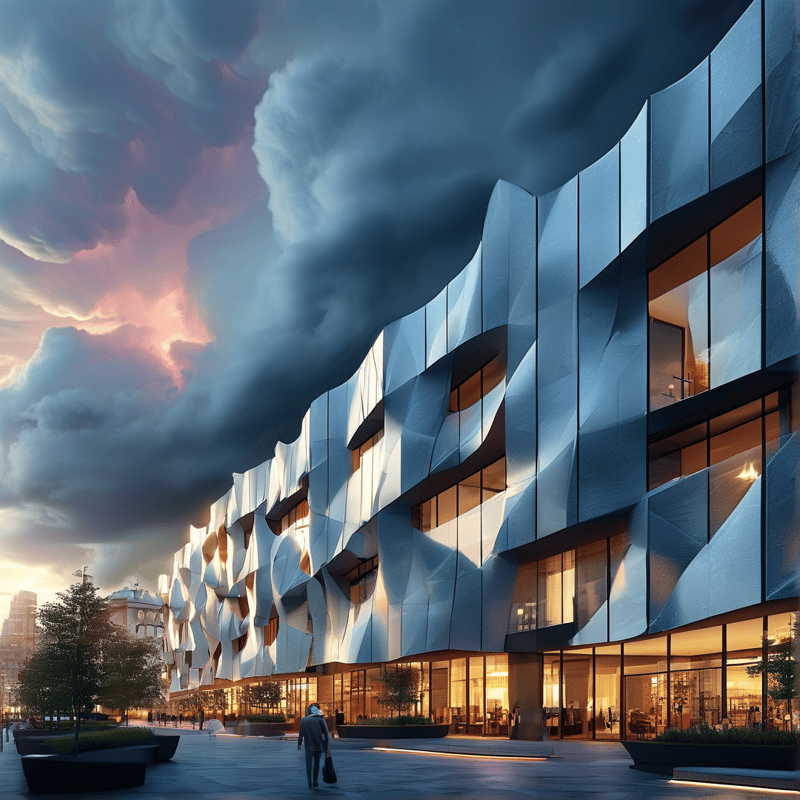 White building with sculpted facade reflects sunset light under dark clouds while warm interior lights glow through windows