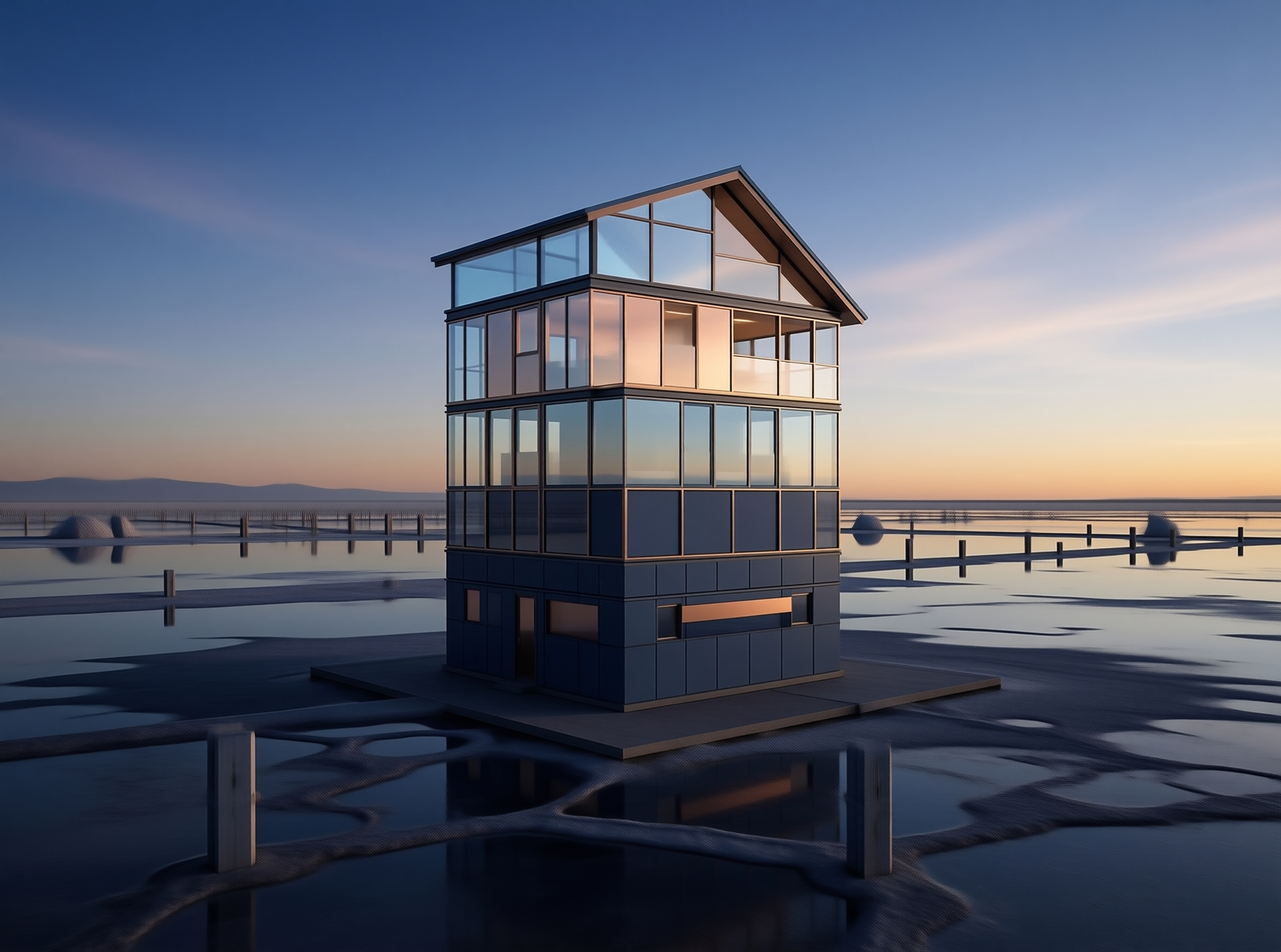 Modern Glass House on Water